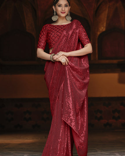 Beautiful Cherry Red Georgette Sequins Party Wear Saree