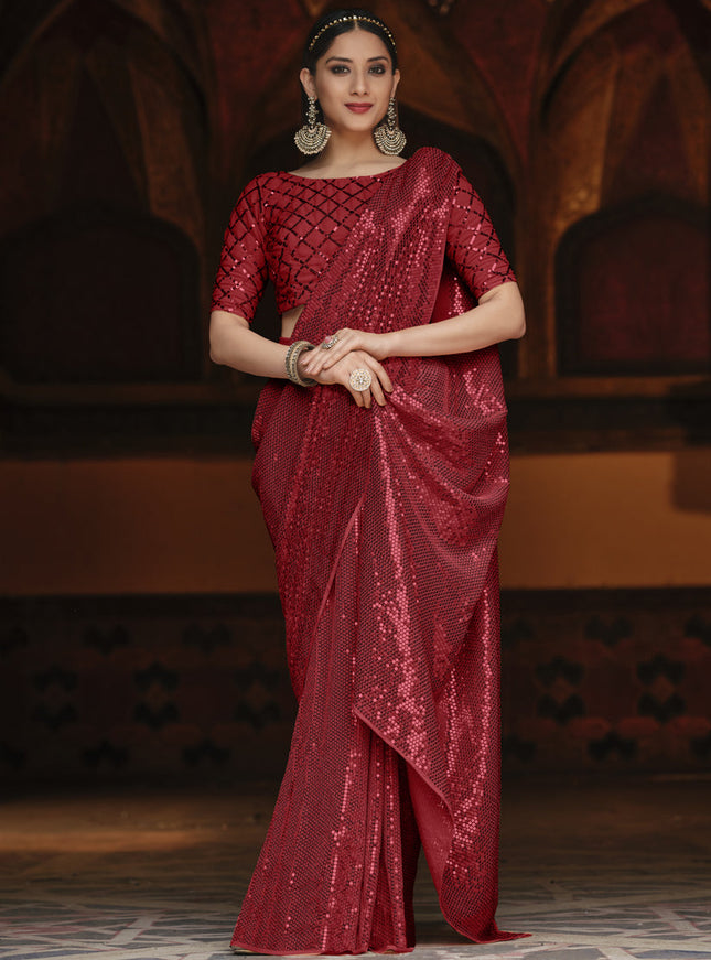 Beautiful Cherry Red Georgette Sequins Party Wear Saree