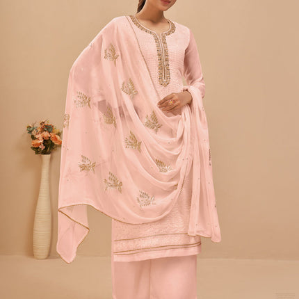 Elegant Blush Peach Georgette Khatli Work Palazzo Suit