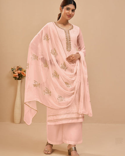Elegant Blush Peach Georgette Khatli Work Palazzo Suit