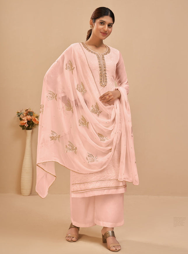 Elegant Blush Peach Georgette Khatli Work Palazzo Suit