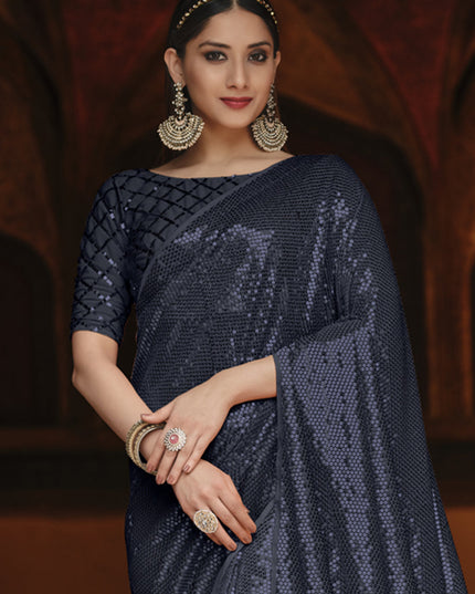 Voguish Midnight Blue Georgette Sequins Party Wear Saree