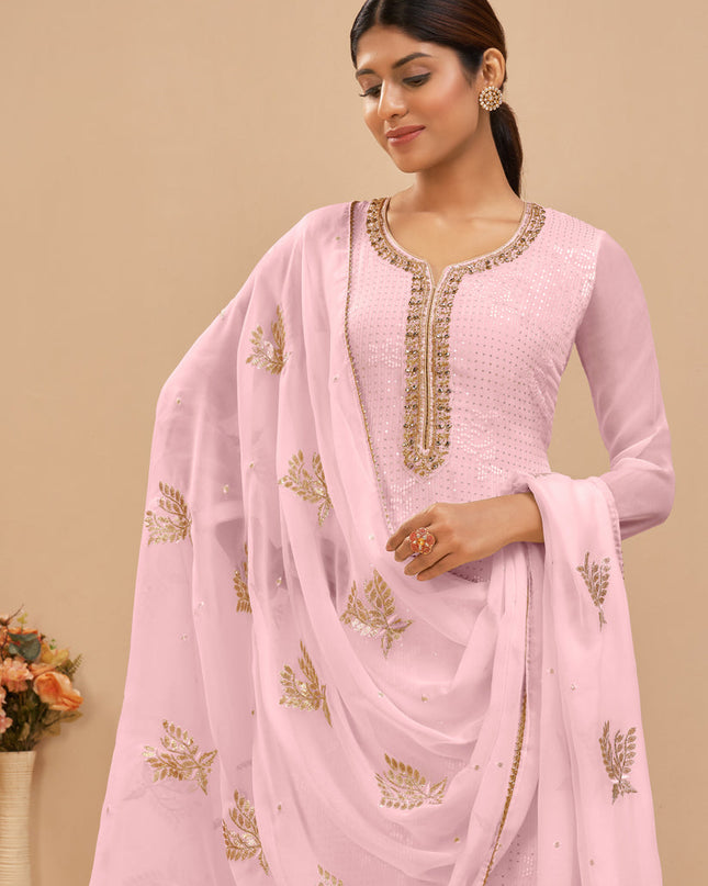 Charming Baby Pink Georgette Khatli Work Palazzo Suit