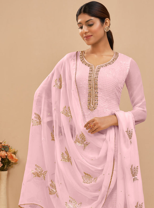 Charming Baby Pink Georgette Khatli Work Palazzo Suit