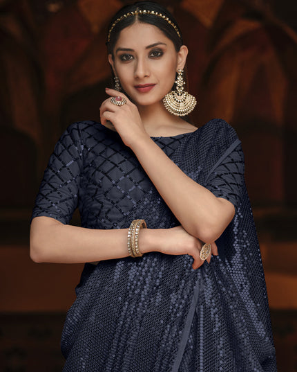 Voguish Midnight Blue Georgette Sequins Party Wear Saree