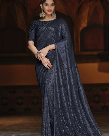 Voguish Midnight Blue Georgette Sequins Party Wear Saree
