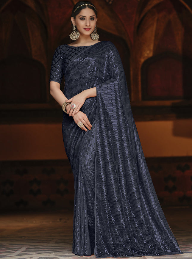Voguish Midnight Blue Georgette Sequins Party Wear Saree
