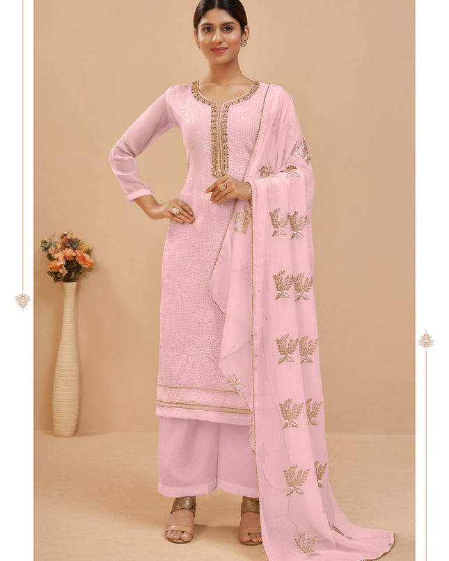 Charming Baby Pink Georgette Khatli Work Palazzo Suit
