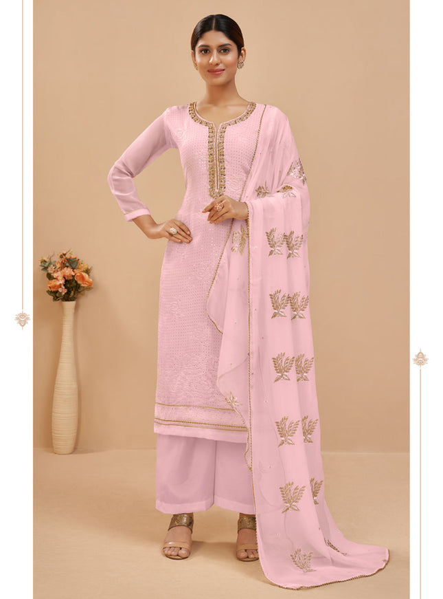 Charming Baby Pink Georgette Khatli Work Palazzo Suit