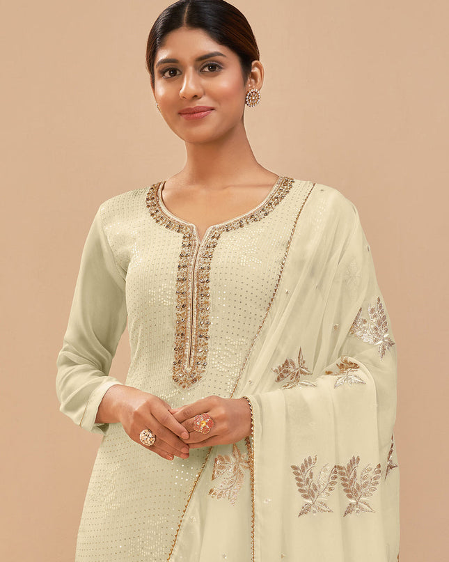 Luxurious Cream Georgette Khatli Work Palazzo Suit