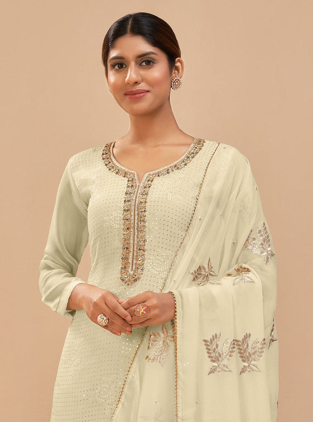 Luxurious Cream Georgette Khatli Work Palazzo Suit