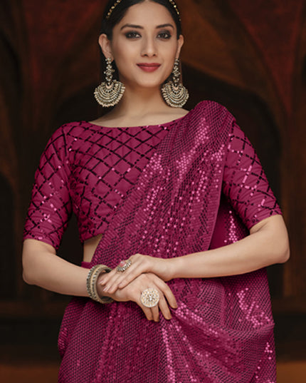 Opulent Magenta Georgette Sequins Party Wear Saree