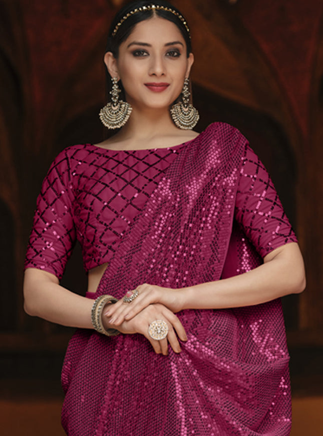 Opulent Magenta Georgette Sequins Party Wear Saree
