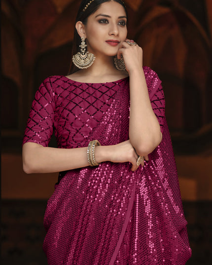Opulent Magenta Georgette Sequins Party Wear Saree