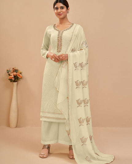 Luxurious Cream Georgette Khatli Work Palazzo Suit