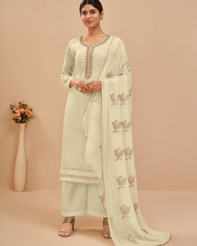 Luxurious Cream Georgette Khatli Work Palazzo Suit