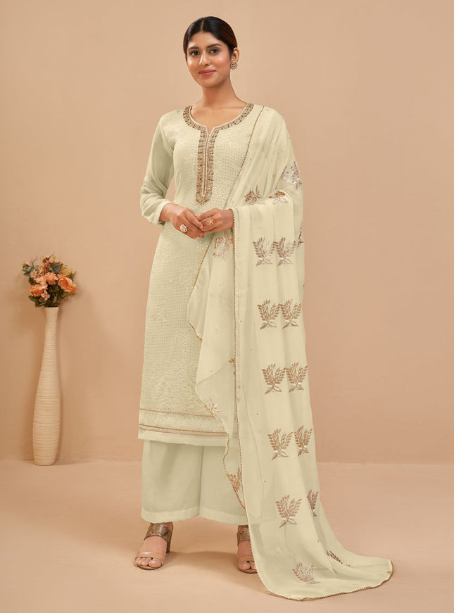 Luxurious Cream Georgette Khatli Work Palazzo Suit