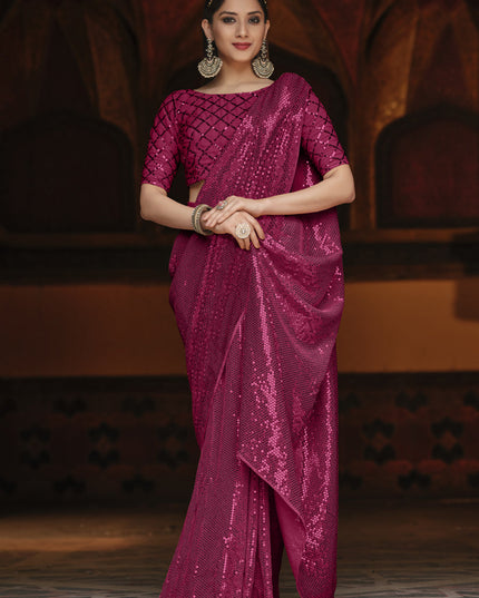 Opulent Magenta Georgette Sequins Party Wear Saree