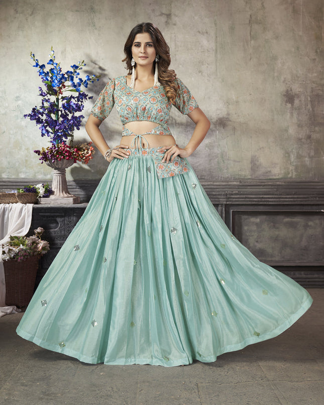 Unique Mint Blue Art Silk Sequined Skirt with Crop Top