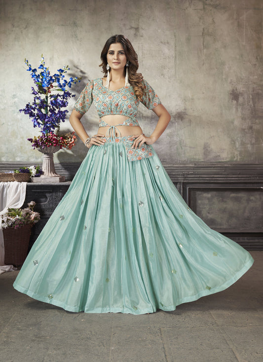 Unique Mint Blue Art Silk Sequined Skirt with Crop Top