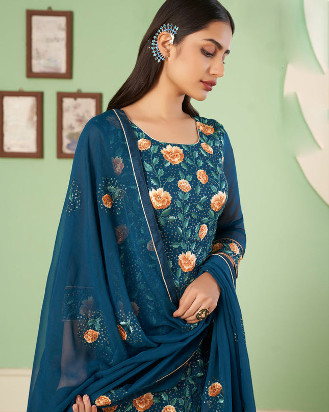 Fascinating Peacock Blue Georgette Embroidered Sarara Kameez