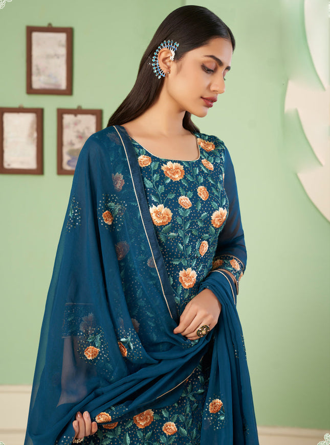 Fascinating Peacock Blue Georgette Embroidered Sarara Kameez