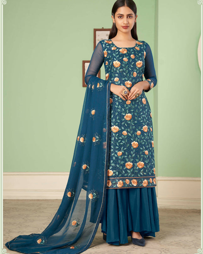Fascinating Peacock Blue Georgette Embroidered Sarara Kameez