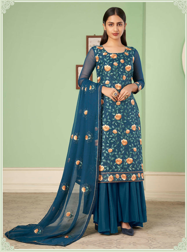 Fascinating Peacock Blue Georgette Embroidered Sarara Kameez