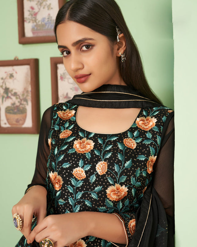 Beautiful Black Georgette Embroidered Sarara Kameez