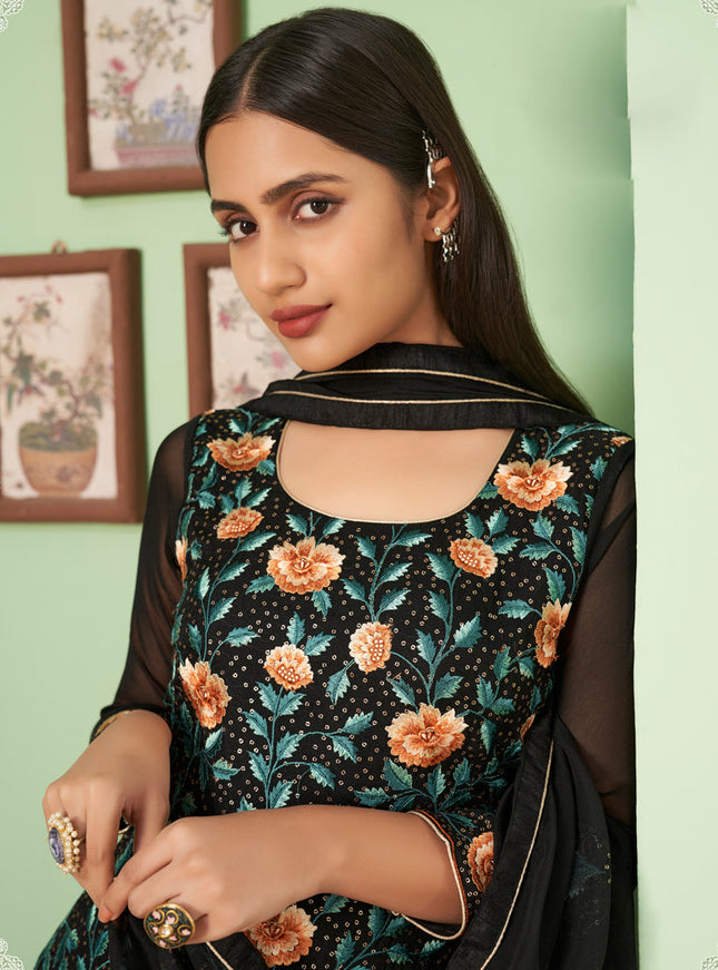 Beautiful Black Georgette Embroidered Sarara Kameez