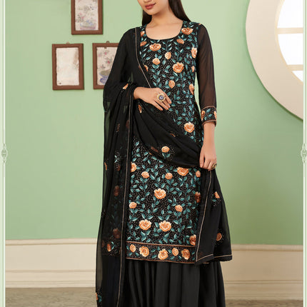 Beautiful Black Georgette Embroidered Sarara Kameez