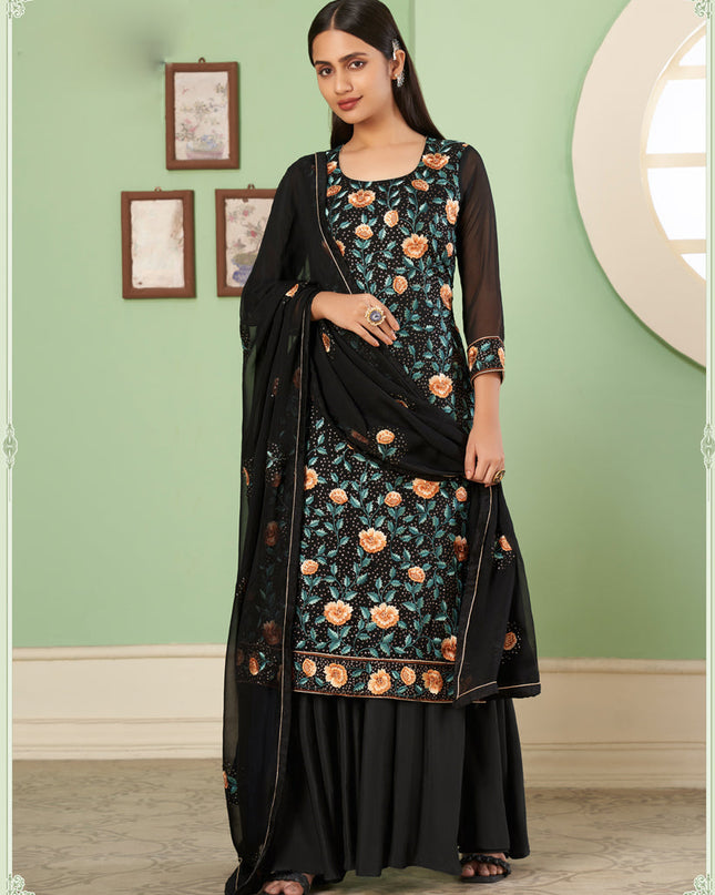 Beautiful Black Georgette Embroidered Sarara Kameez