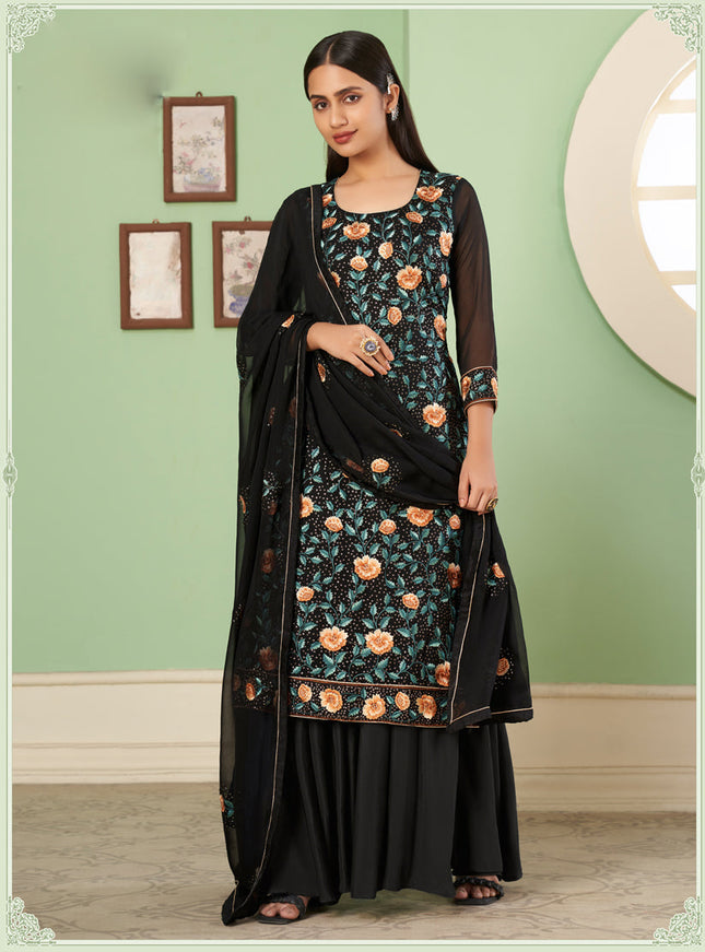 Beautiful Black Georgette Embroidered Sarara Kameez