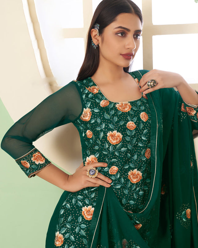 Graceful Pine Green Georgette Embroidered Sarara Kameez