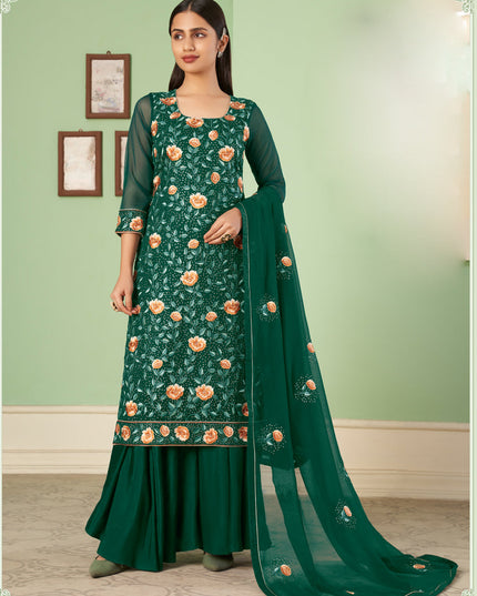 Graceful Pine Green Georgette Embroidered Sarara Kameez
