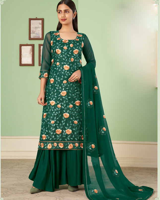 Graceful Pine Green Georgette Embroidered Sarara Kameez