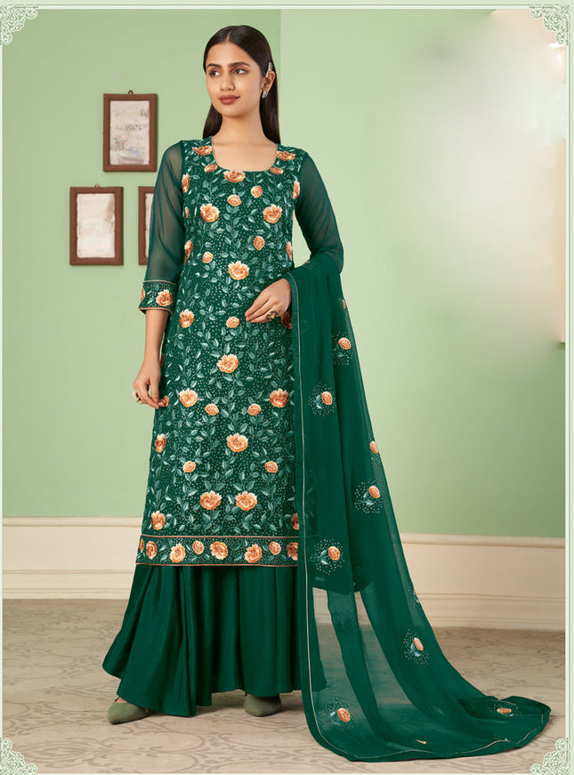 Graceful Pine Green Georgette Embroidered Sarara Kameez