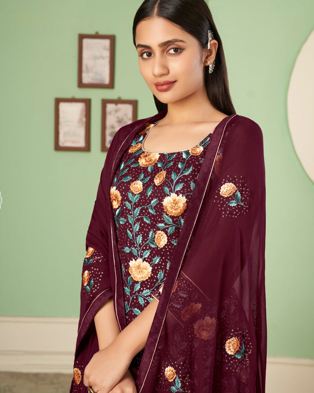 Incredible Garnet Maroon Georgette Embroidered Sarara Kameez