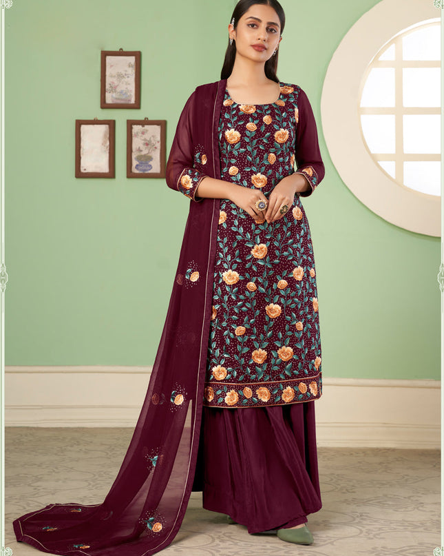 Incredible Garnet Maroon Georgette Embroidered Sarara Kameez