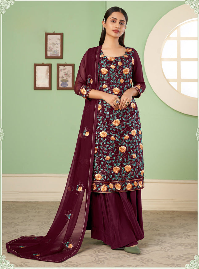 Incredible Garnet Maroon Georgette Embroidered Sarara Kameez