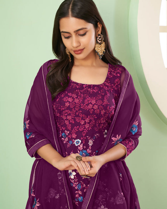 Pretty Wine Georgette Embroidered Sarara Kameez