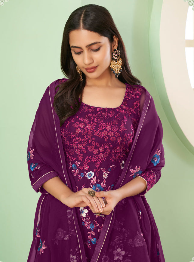 Pretty Wine Georgette Embroidered Sarara Kameez