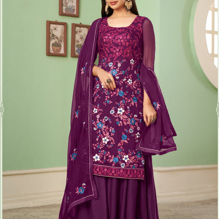 Pretty Wine Georgette Embroidered Sarara Kameez