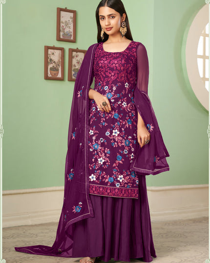 Pretty Wine Georgette Embroidered Sarara Kameez