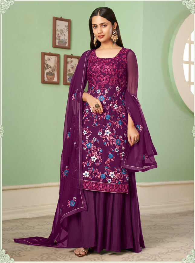 Pretty Wine Georgette Embroidered Sarara Kameez