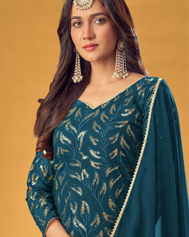 Flawless Peacock Blue Faux Georgette Sequins Palazzo Kameez