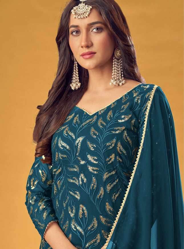 Flawless Peacock Blue Faux Georgette Sequins Palazzo Kameez