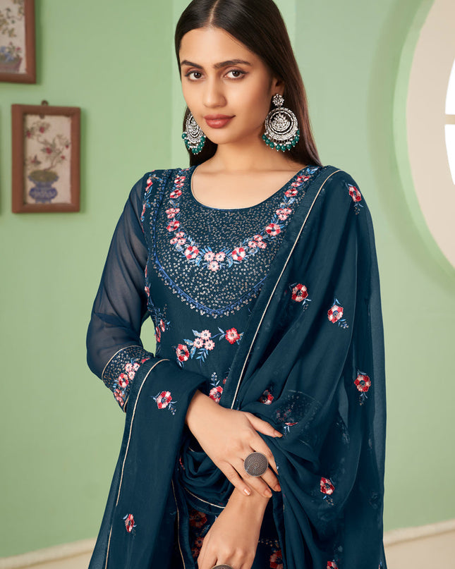 Amazing Prussian Blue Georgette Embroidered Sarara Kameez