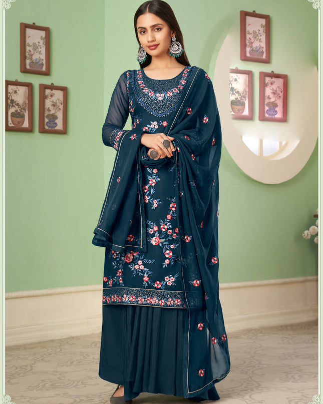 Amazing Prussian Blue Georgette Embroidered Sarara Kameez