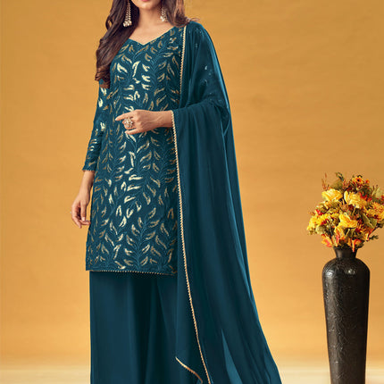 Flawless Peacock Blue Faux Georgette Sequins Palazzo Kameez